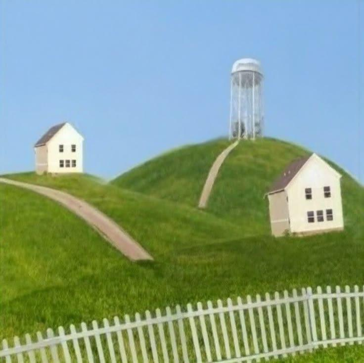 A grassy hill landscape with small houses and a water tower.